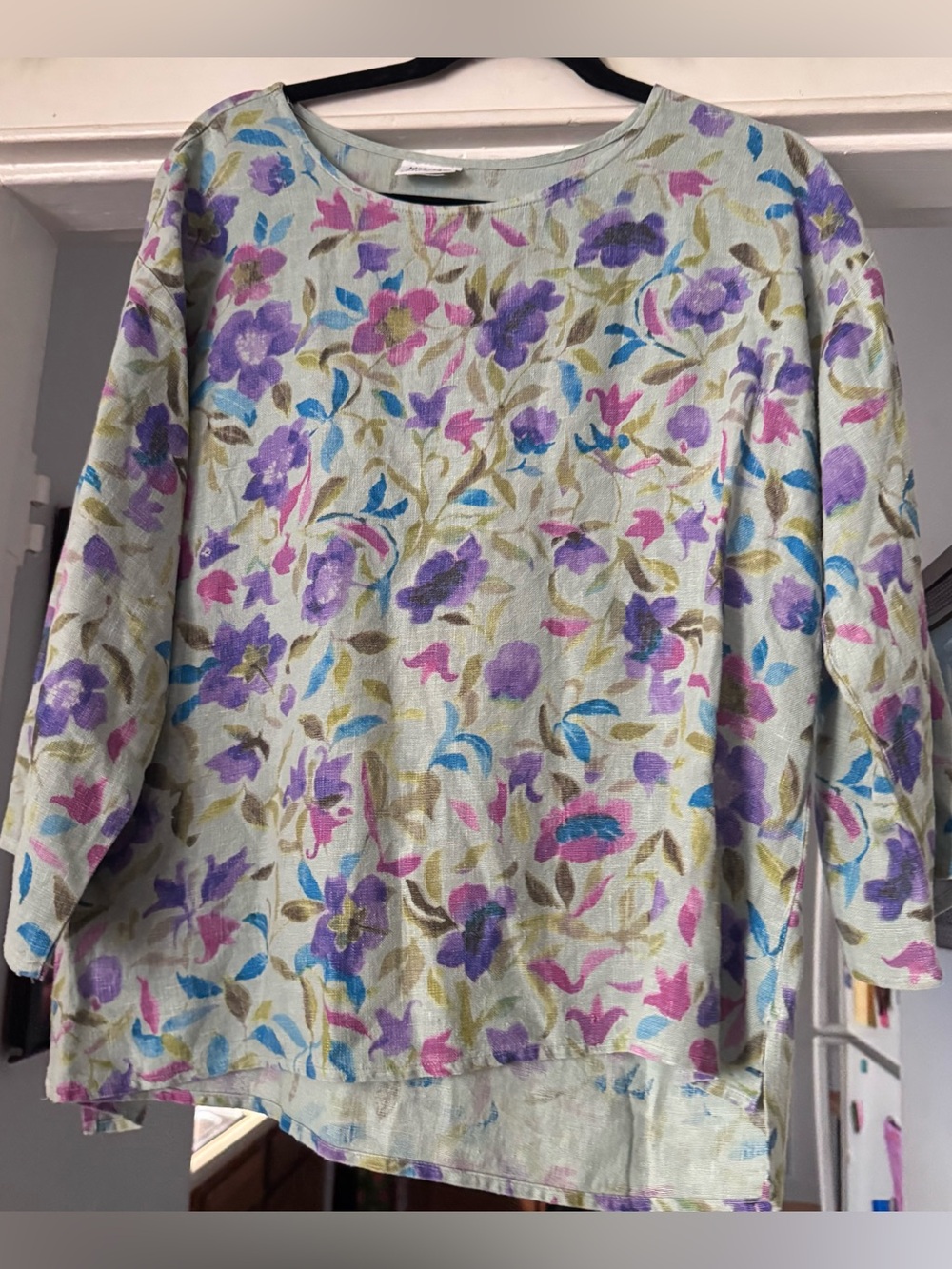 Habitat | linen Boho Cottagecore Floral Long SLeeve t-Shirt Top gray blue pink